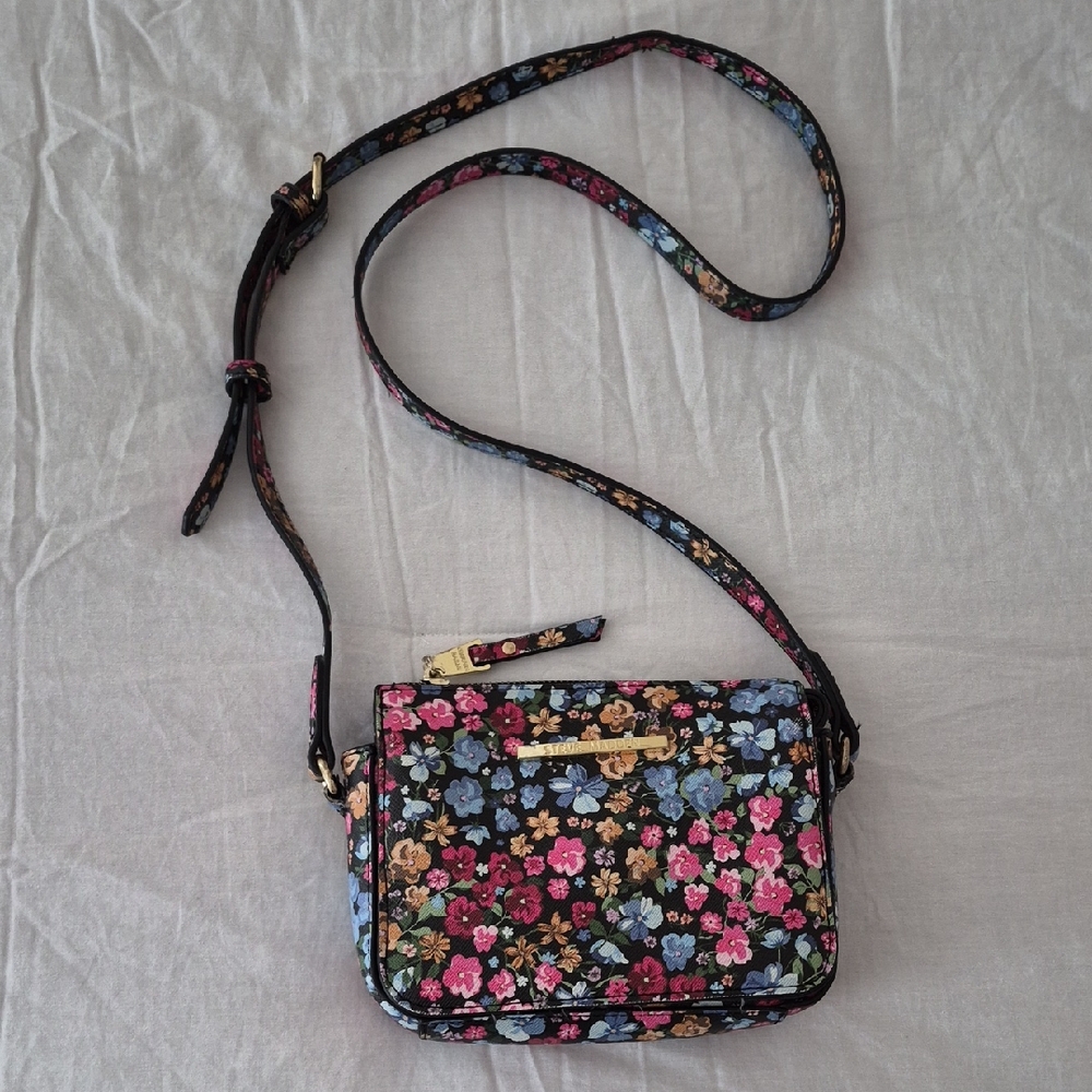 Steve Madden Black Floral Crossbody with Pink, Blue & Tan Flowers